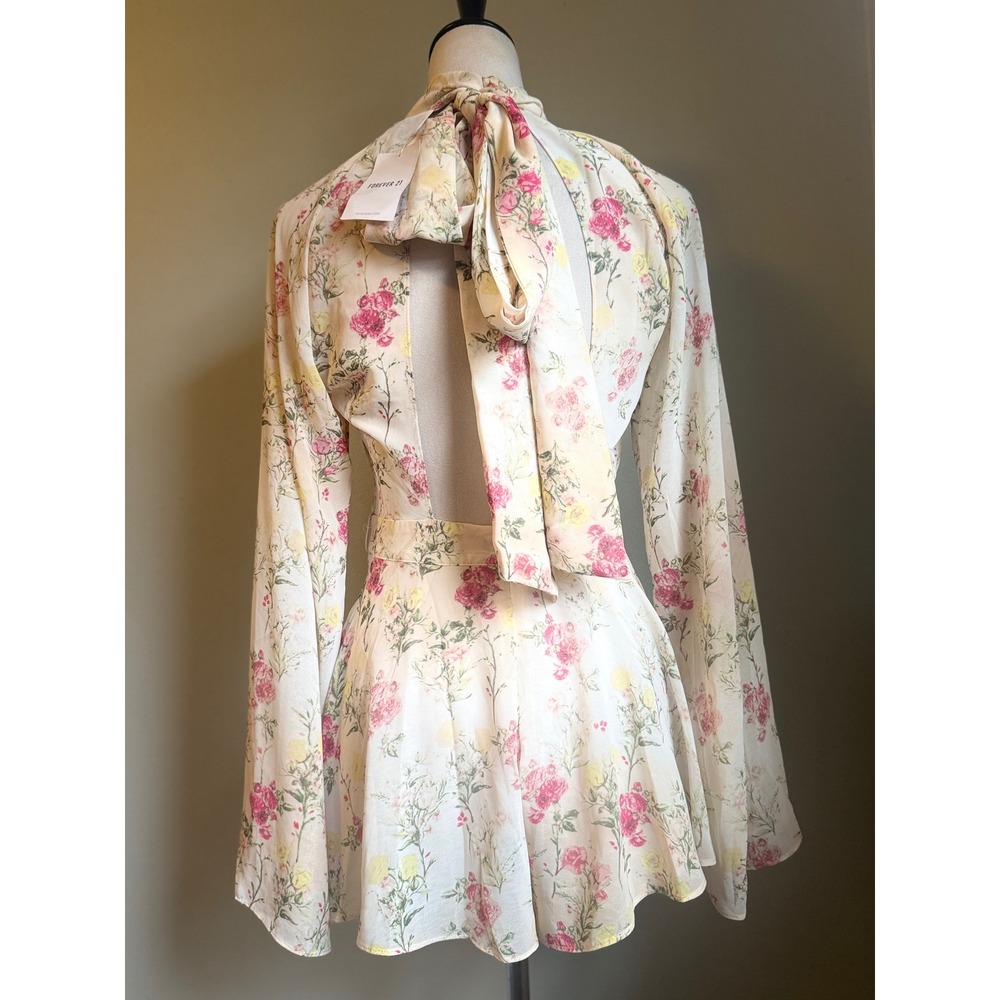 Floral Mock Neck Long Sleeve Tie romper Ivory Pink s fairy Victorian boho y2k